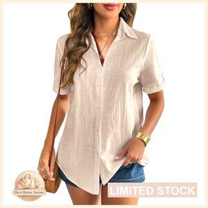 Linen Cotton Button Down Shirt V Neck Short Sleeve Blouse Casual Chic Summer